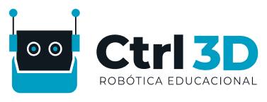 Logotipo da Ctrl 3D Robótica Educacional. O logotipo apresenta a imagem de um robô estilizado com olhos circulares e antenas, ao lado do texto 'Ctrl 3D' em cinza e azul, seguido de 'Robótica Educacional' em fonte menor.