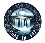 Logotipo da Code in Foz, núcleo da ACIFI. A imagem mostra as Cataratas do Iguaçu com circuitos eletrônicos ao redor e prédios ao fundo, representando tecnologia. O texto 'ACIFI' está na parte superior e 'Code in Foz' na parte inferior.
