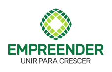 Logotipo do programa Empreender com o texto 'Empreender' em verde, seguido de 'Unir para Crescer' em cinza. Acima do texto, há um ícone verde formado por losangos que se interconectam, formando uma figura em formato de diamante.
