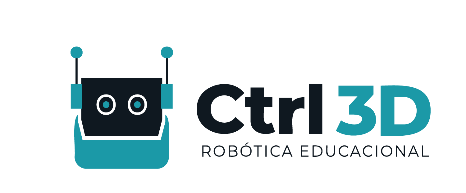 Logotipo da Ctrl 3D Robótica Educacional. O logotipo apresenta a imagem de um robô estilizado com olhos circulares e antenas, ao lado do texto 'Ctrl 3D' em cinza e azul, seguido de 'Robótica Educacional' em fonte menor.