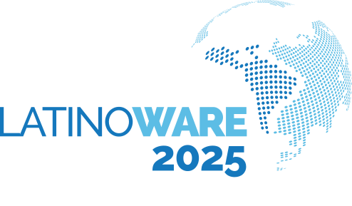 Logo da Latinoware 2025, com a palavra 'LATINOWARE' em branco e amarelo, e '2024' abaixo. O logo inclui um globo estilizado feito de pontos em um fundo roxo.